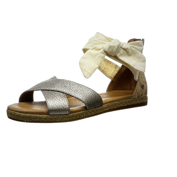 UGG Idina Gray Gold Leather Sandals Flats Size 7 - Picture 1 of 11
